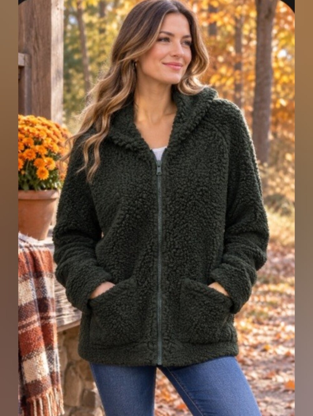 Splendid Forest Green Teddy Sherpa Full Zip Hoodie Jacket Small Fall Winter Cozy